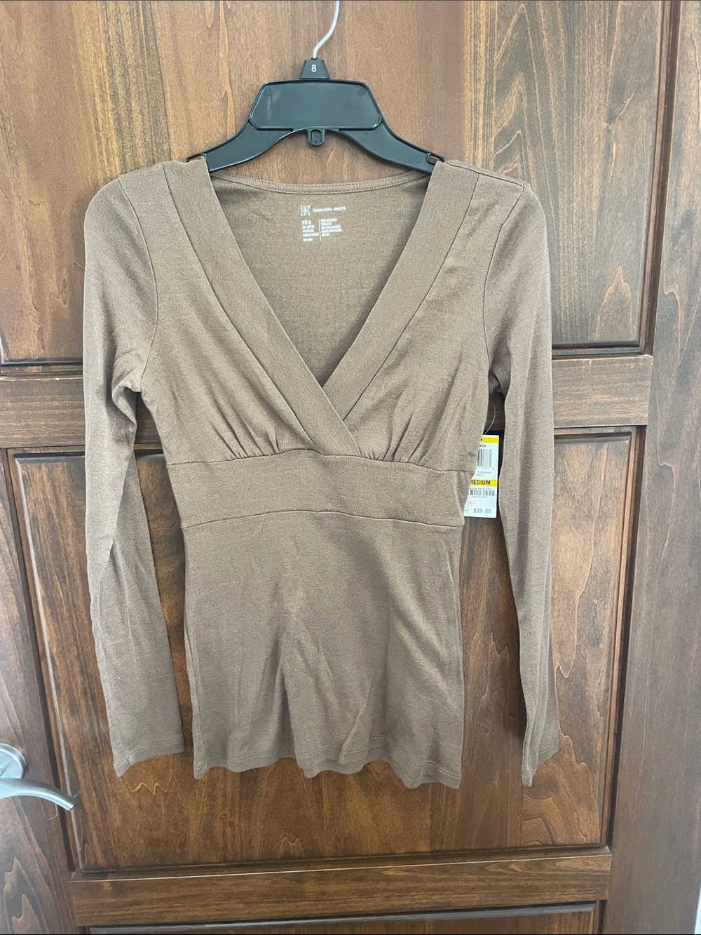INC International Concepts Brown V-Neck Long Sleeve Wrap Top